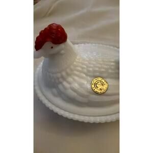 Rare Mint Milk Glass Hen on Nest 6" Dish with Original Sticker & Red Comb